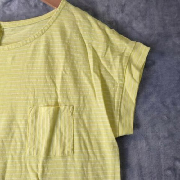Talbots M Yellow Striped ShortSleeve Pocket Button Back Detail preppy casual Top - Picture 6 of 9